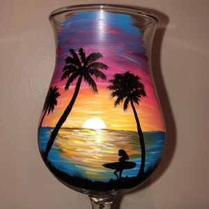 Surfer girl with sunrise/sunset hand painted glass